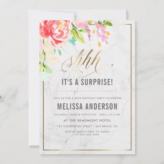 花及び大理石|の金ゴールドの驚きの誕生会 招待状 (正面)