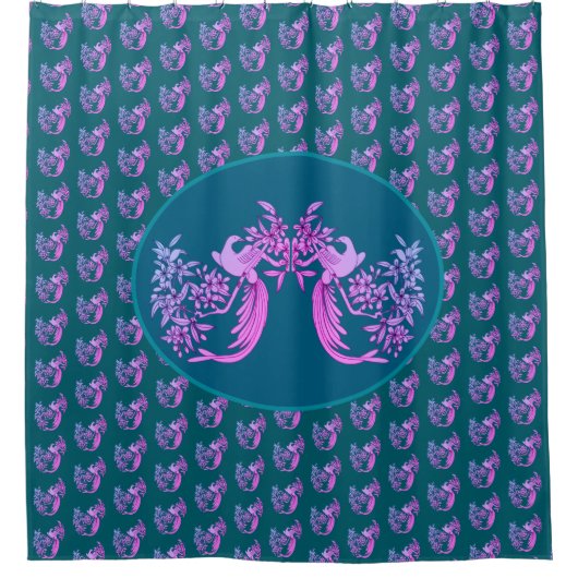 花咲き枝の動物アートに鳩 シャワーカーテン (正面)