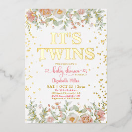 花咲くピンクの花双子の女の子ベビーシャワー 箔招待状