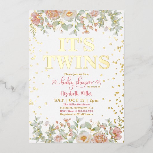 花咲くピンクの花双子の女の子ベビーシャワー 箔招待状 (正面)