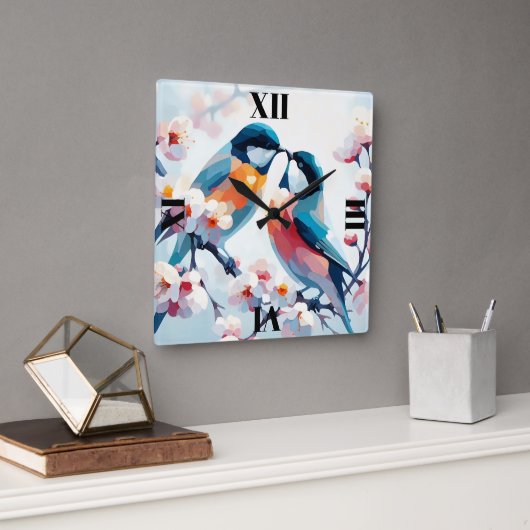 花咲くラブバード スクエア壁時計 (オフィス)