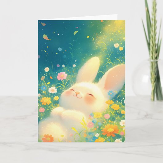 花咲く中でうたた寝するウサギ カード (正面)