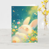 花咲く中でうたた寝するウサギ カード (黄色い花)