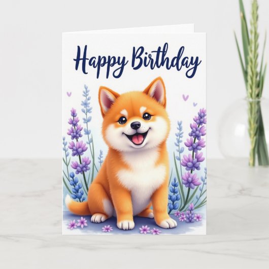 花咲く子犬の誕生日カード カード (正面)