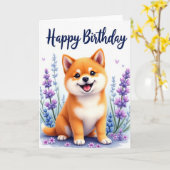 花咲く子犬の誕生日カード カード (黄色い花)