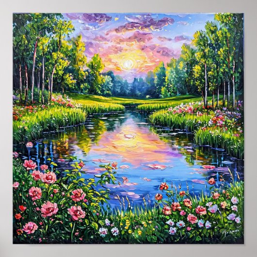 花咲く川の風景アート 🌅🌸🌿 ポスター (正面)