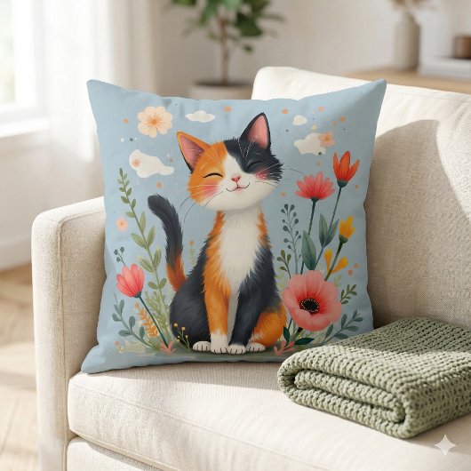 花咲く庭の三毛猫のスマイル クッション