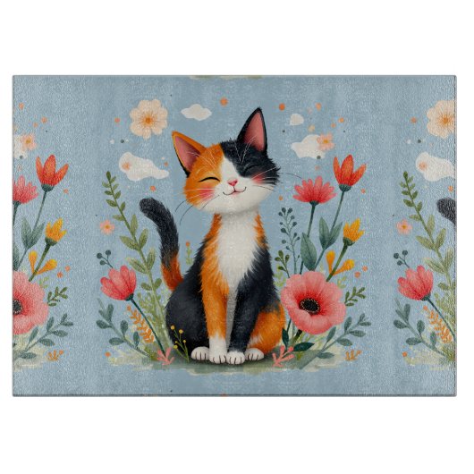 花咲く庭の三毛猫 カッティングボード (正面)