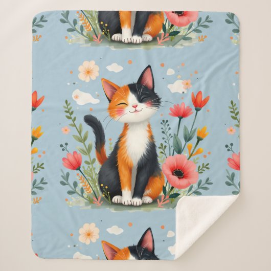 花咲く庭の三毛猫 シェルパブランケット (正面)