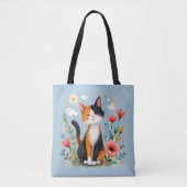 花咲く庭の三毛猫 トートバッグ (正面)