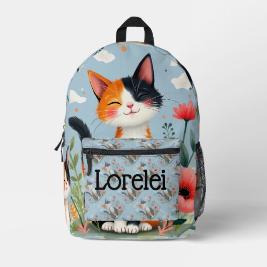花咲く庭の三毛猫 プリントバックパック (正面)