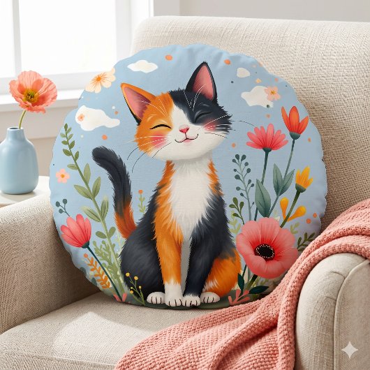 花咲く庭の三毛猫 ラウンドクッション