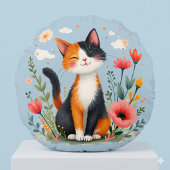 花咲く庭の三毛猫 ラウンドクッション