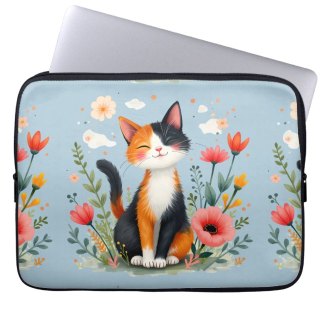花咲く庭の三毛猫 ラップトップスリーブ (正面)
