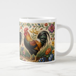 花咲く庭の三羽の雄鶏 ジャンボコーヒーマグカップ