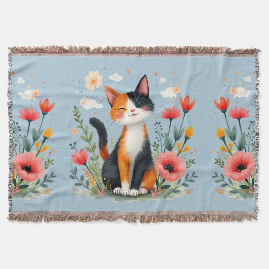 花咲く庭の笑顔の三毛猫 スローブランケット (正面)
