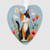 花咲く庭園に微笑む三色猫 オーナメント (正面)