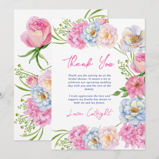 花咲く愛のピンクサマー ブライダルシャワー サンキューカード (正面/裏面)