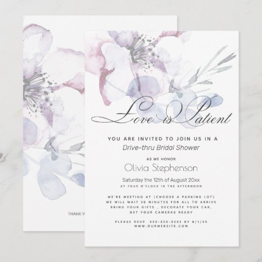 花咲く愛は忍耐強い ドライブスルー・ブライダルシャワー 招待状 (正面/裏面)