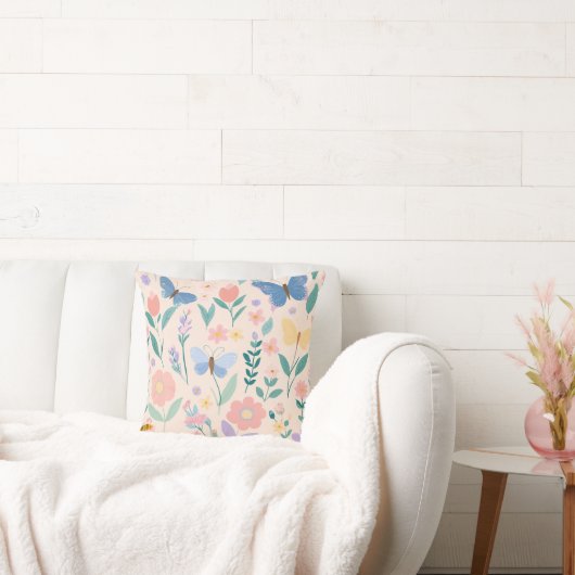 花咲く春のキュートなピンクの蝶 クッション (ソファ)