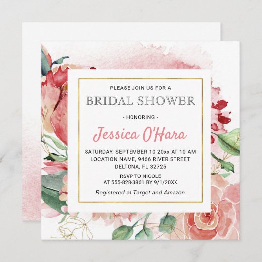 花咲く春のバラ ブライダルシャワー 水彩 ペオニー 招待状 (正面/裏面)