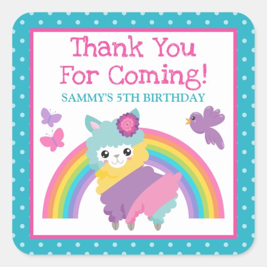 花咲く春の虹色ラマ & 虹色の誕生日 スクエアシール (正面)