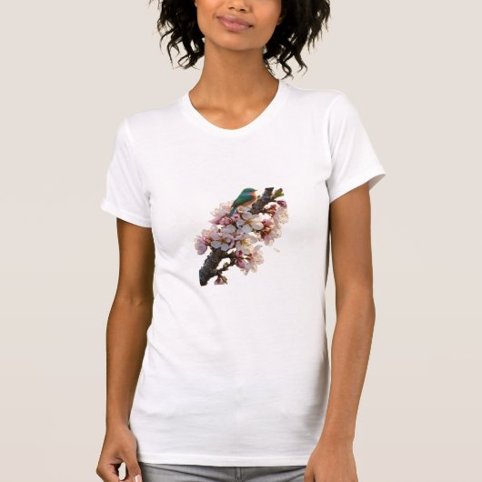 花咲く木の枝に止まる鳥 Tシャツ (正面)