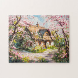 花咲く果樹園の春の小屋 ジグソーパズル
