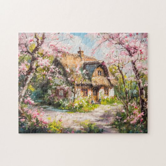 花咲く果樹園の春の小屋 ジグソーパズル (横)