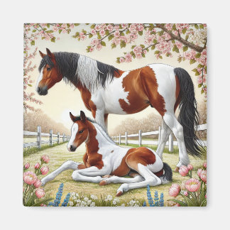 花咲く果樹園の美しい馬と子馬 マグネット