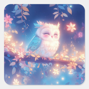 花咲く枝で眠るかわいいフクロウの赤ちゃん スクエアシール