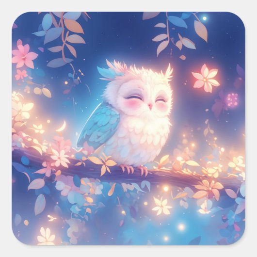 花咲く枝で眠るかわいいフクロウの赤ちゃん スクエアシール (正面)
