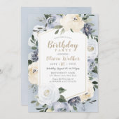 花咲く植物のダスティーブルーの誕生日パーティー 招待状 (正面/裏面)