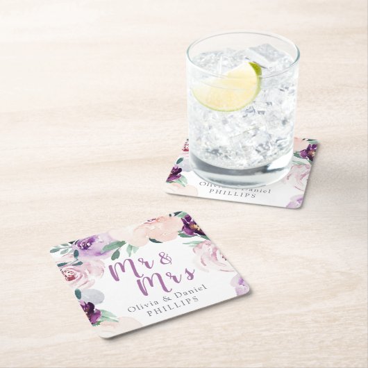 花咲く植物紫色のフローラミスター&ミセス スクエアペーパーコースター (インサイチュ)