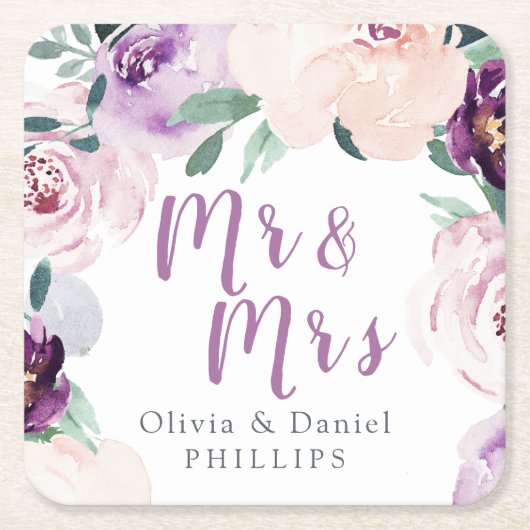 花咲く植物紫色のフローラミスター&ミセス スクエアペーパーコースター (正面)