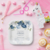 花咲く水彩ブルー 白い花 ペーパープレート (パーティー)