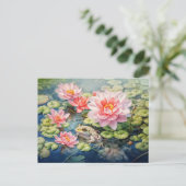 花咲く水生植物の間にとまるカエル シーズンポストカード (スタンド正面)