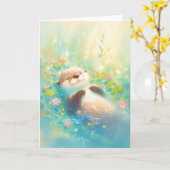 花咲く水辺のカッコいいカワウソ カード (黄色い花)
