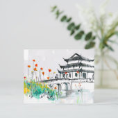 花咲く池畔の中国寺院 ポストカード (スタンド正面)