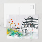 花咲く池畔の中国寺院 ポストカード (正面/裏面)