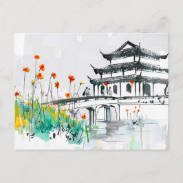 花咲く池畔の中国寺院 ポストカード
