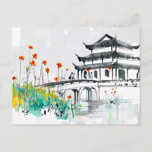 花咲く池畔の中国寺院 ポストカード (正面)