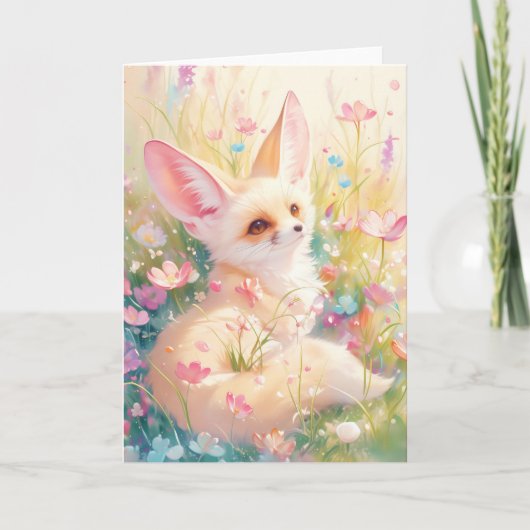 花咲く草原で休むフェネック カード (正面)