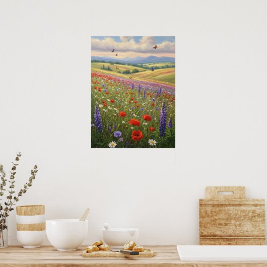 花咲く草原の風景画アート ポスター (キッチン)