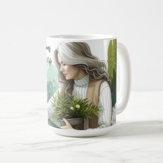 花園で働く女性との友情メッセージ コーヒーマグカップ (正面右)