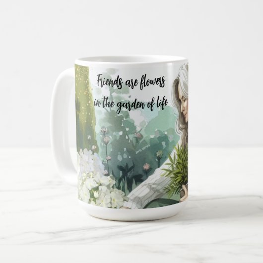 花園で働く女性との友情メッセージ コーヒーマグカップ (正面左)