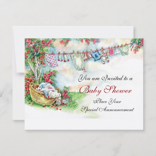 花園で赤ちゃんの服が吊るされたベビーシャワー 招待状 (正面)
