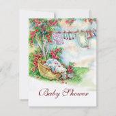 花園で赤ちゃんの服が吊るされたベビーシャワー 招待状 (裏面)