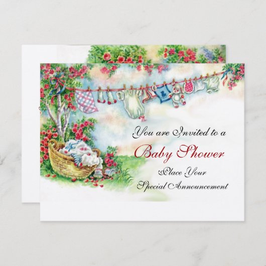 花園のぶら下がった赤ちゃん服の赤ちゃんシャワー 招待状 (正面/裏面)