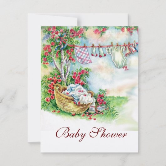 花園のぶら下がった赤ちゃん服の赤ちゃんシャワー 招待状 (裏面)